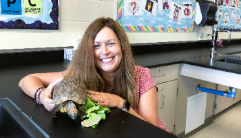 Stephanie Algrim and Gizzy the tortoise